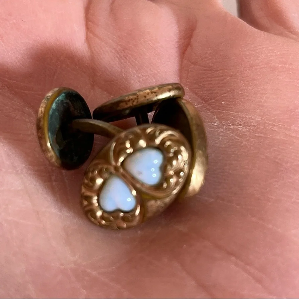 Antique Victorian Rolled Rose Gold Art deco double Opal Heart Cuff links